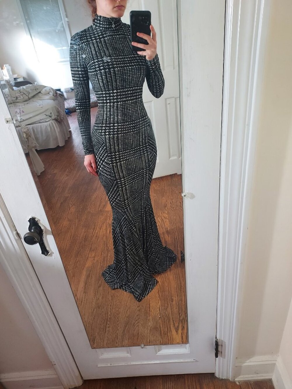 NORMA KAMALI Houndstooth Long Sleeve Turtle Fishtail Long Dress Gown